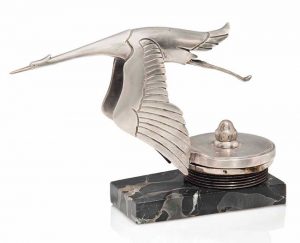 A FRANCOIS VICTOR BAZIN (1897-1956) ART DECO SILVERED BRONZE CAR MASCOT 'CIGOGNE' FOR HISPANO-SUIZA, CIRCA 1930, SIGNED F. BAZIN