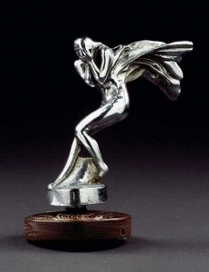 Vertige de la Vitesse, a silvered bronze car mascot modelled by G. Poitrin circa 1920